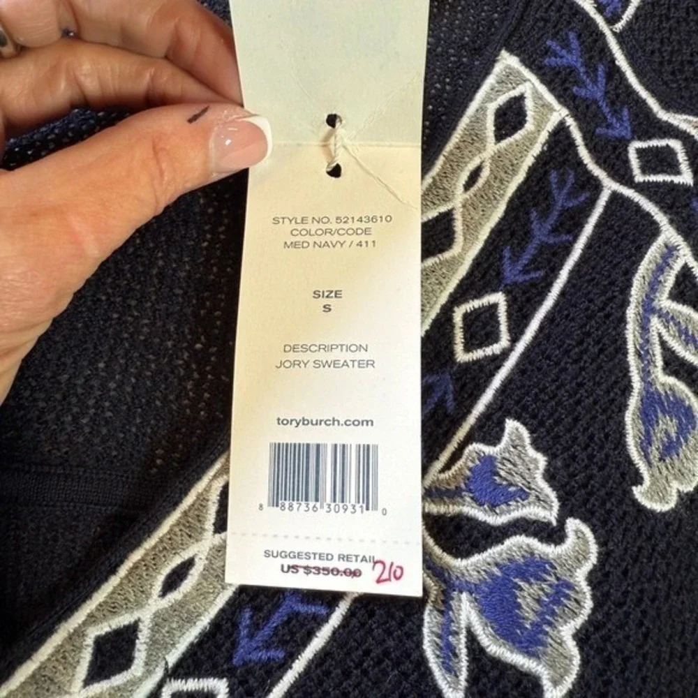 TORY BURCH Jory Lightweight Short Sleeve Knit Sweater Navy Blue Size Small